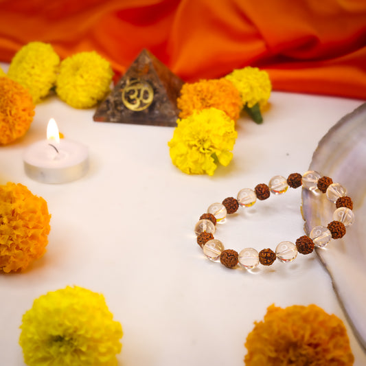 Rudraksha & Clear Quartz Crystal Bracelet for Energy & Stress