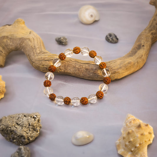 Rudraksha & Clear Quartz Crystal Bracelet for Energy & Stress